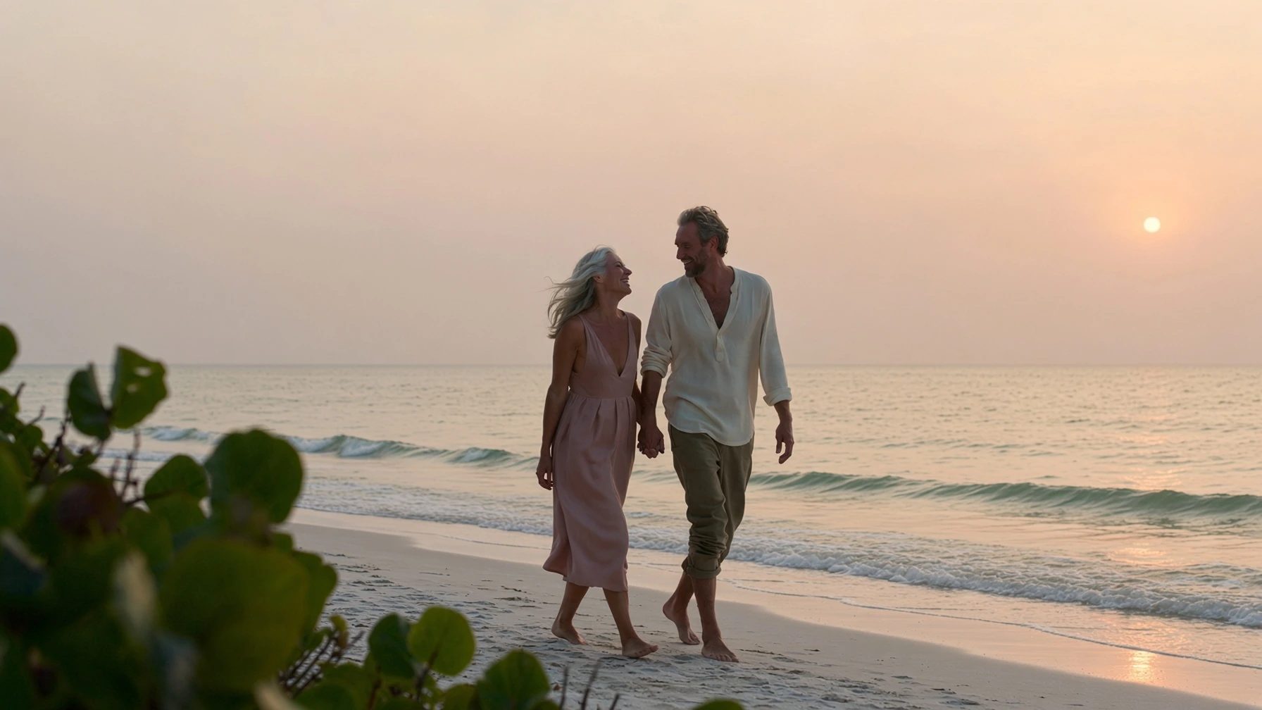 A couple in their sixties walking barefoot along the beach at sunset