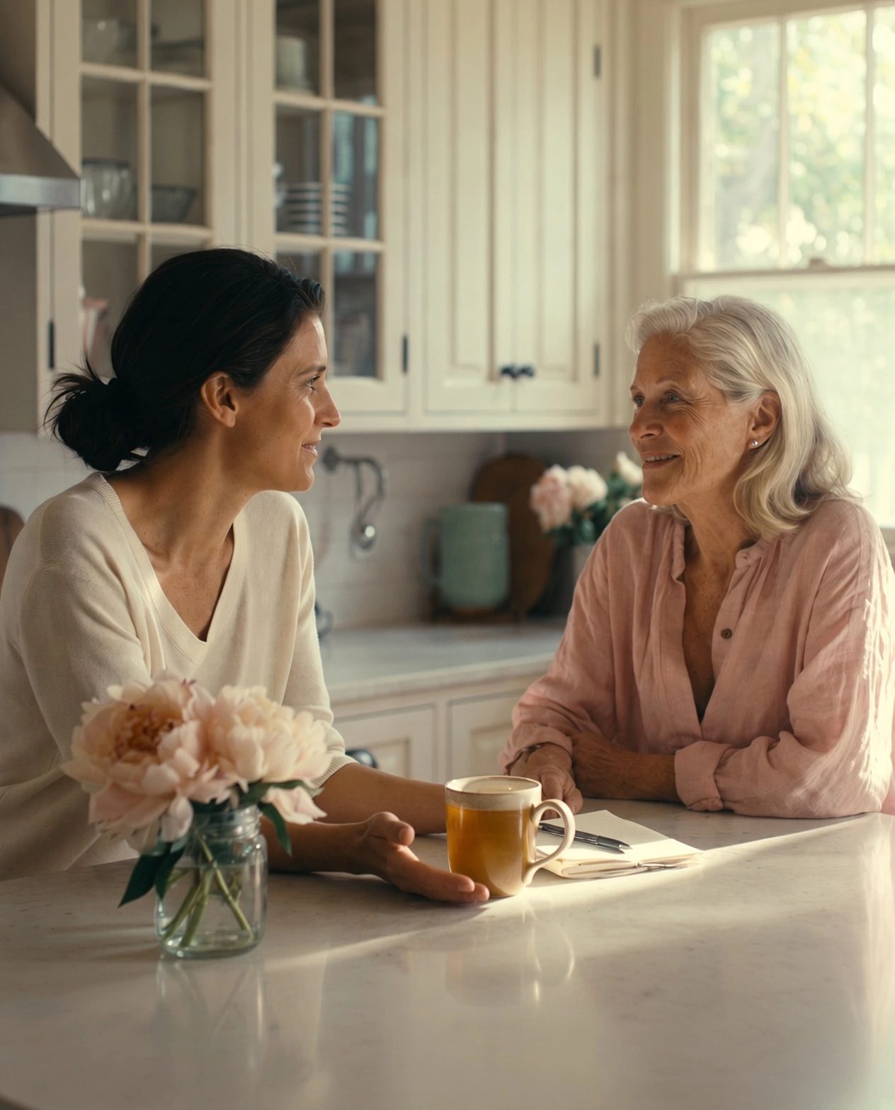 A nurse and an older woman talking over coffee at a bright kitchen table