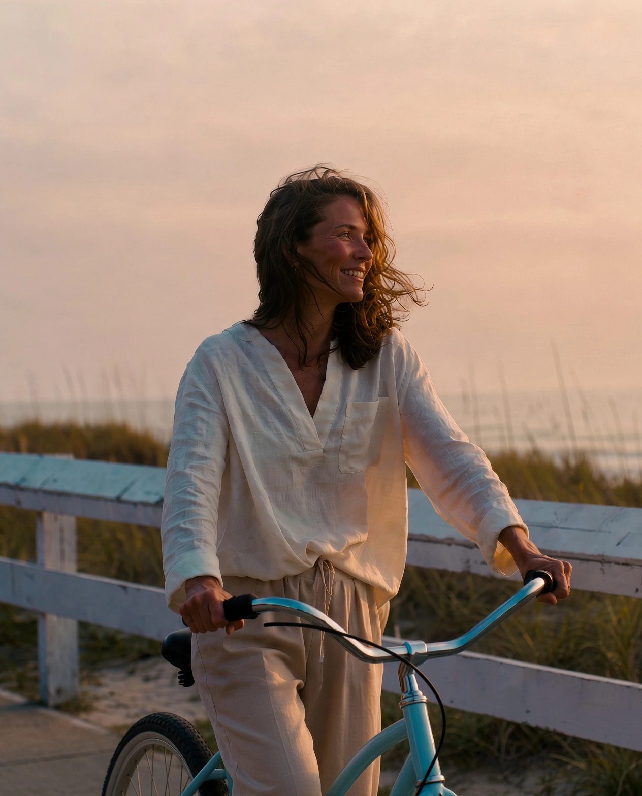 An active woman walking her bicycle along the boardwalk at sunset