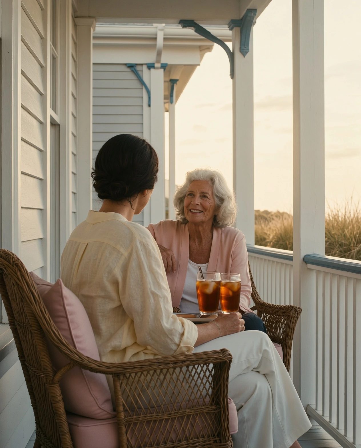 A nurse and an older woman sharing iced tea on a sunlit porch at the Shore